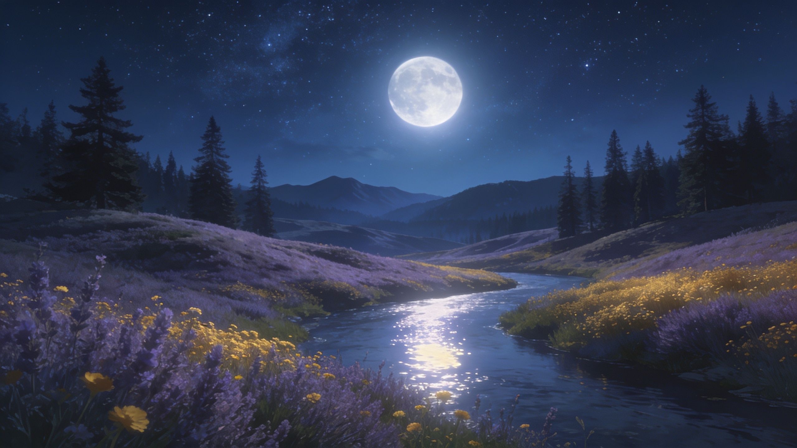 A serene river winds through a valley blanketed with lavender under a bright full moon, casting a tranquil glow across the landscape surrounded by distant mountains and silhouetted trees. The scene evokes a peaceful and enchanting nighttime atmosphere.