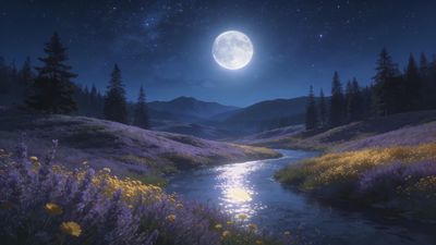 A serene river winds through a valley blanketed with lavender under a bright full moon, casting a tranquil glow across the landscape surrounded by distant mountains and silhouetted trees. The scene evokes a peaceful and enchanting nighttime atmosphere.