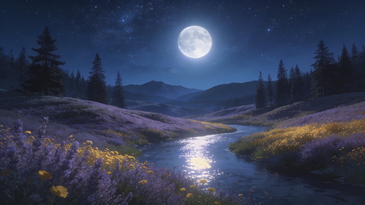 A serene river winds through a valley blanketed with lavender under a bright full moon, casting a tranquil glow across the landscape surrounded by distant mountains and silhouetted trees. The scene evokes a peaceful and enchanting nighttime atmosphere.