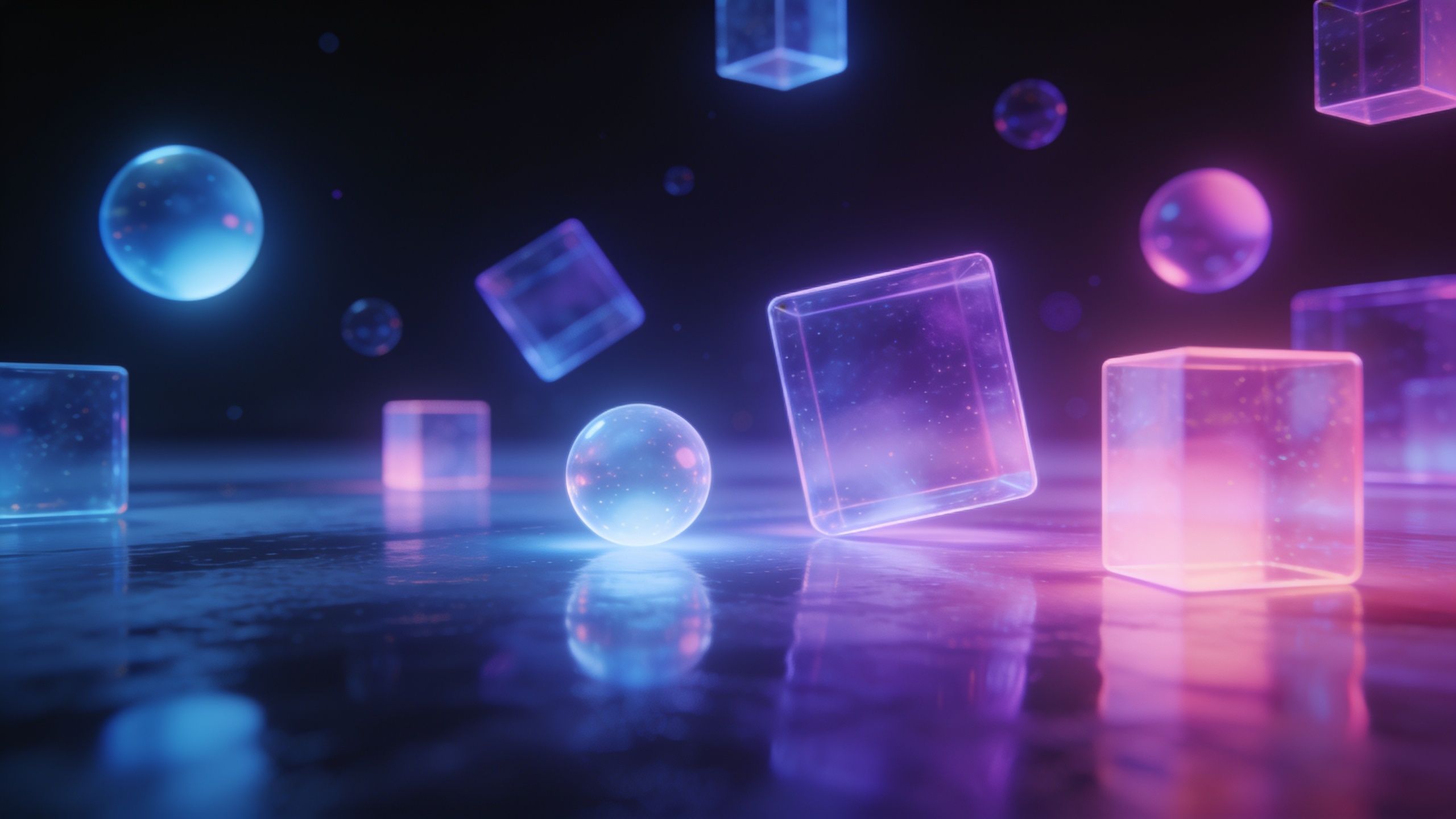 A collection of glowing geometric shapes, including cubes and spheres, float in a dark space, illuminated by vibrant neon blue and pink lights, creating a futuristic and ethereal atmosphere.
