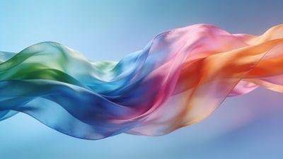 A flowing wave of colorful silk, featuring vibrant hues of blue, green, pink, and orange, gracefully undulates against a soft gradient background, creating a serene and dynamic visual effect.
