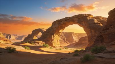A stunning desert landscape features towering natural arches bathed in the warm, golden hues of a sunset, casting long shadows on the sandy terrain and creating a serene, majestic atmosphere.