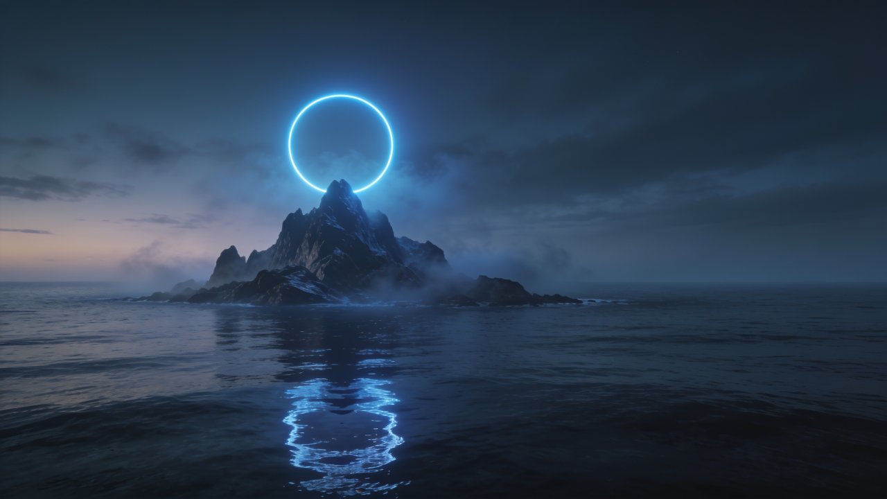 A mystical island rises from the sea, surrounded by a glowing blue halo that casts an ethereal light, creating a serene and otherworldly atmosphere against the dark, cloudy sky.