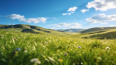 A tranquil landscape of rolling green hills stretches under a bright blue sky dotted with fluffy white clouds, evoking a serene and peaceful mood. Wildflowers are scattered across the foreground, adding splashes of color to the lush greenery.