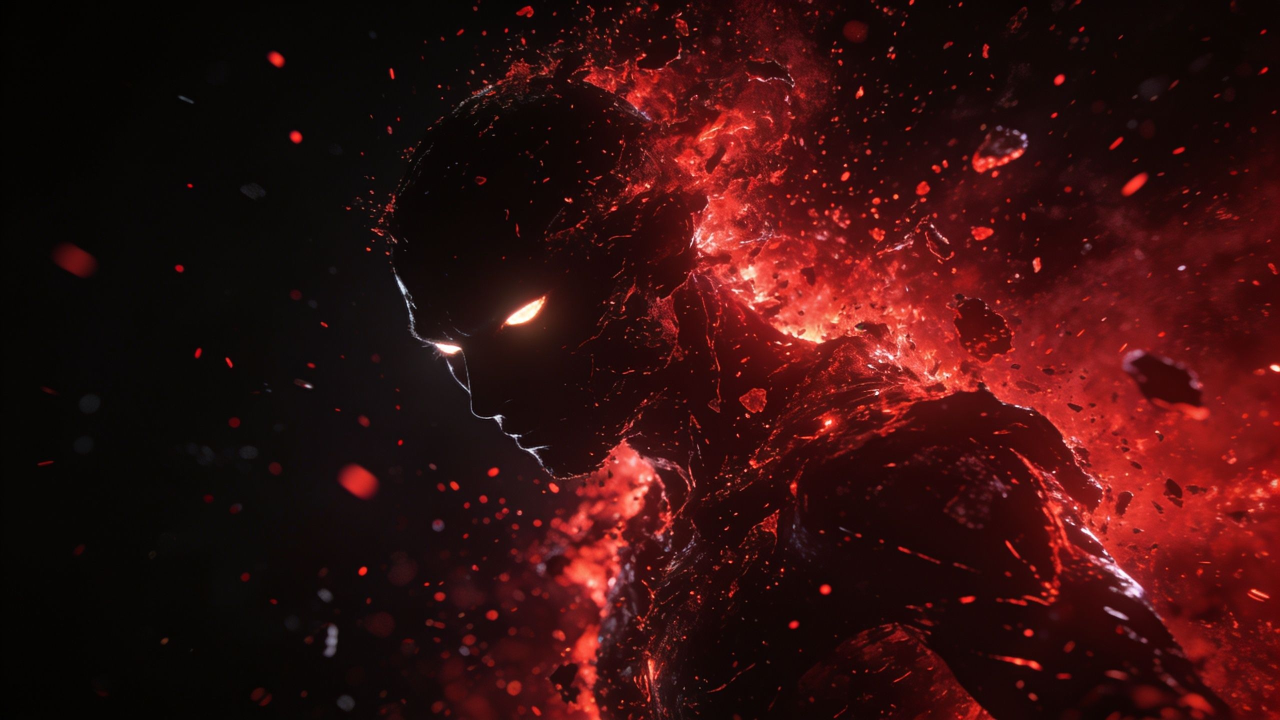 A silhouetted superhero figure emerges from darkness, engulfed in fiery red and orange flames with glowing eyes, creating a dramatic and intense atmosphere.