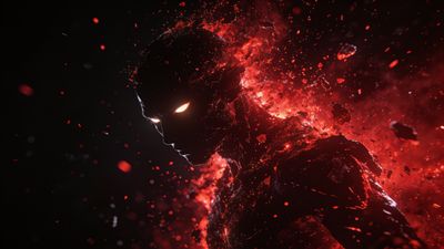A silhouetted superhero figure emerges from darkness, engulfed in fiery red and orange flames with glowing eyes, creating a dramatic and intense atmosphere.