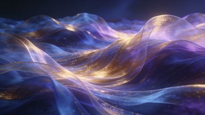 A mesmerizing scene of undulating waves composed of translucent, shimmering ribbons in hues of blue, purple, and gold, creating a serene and dreamlike atmosphere.