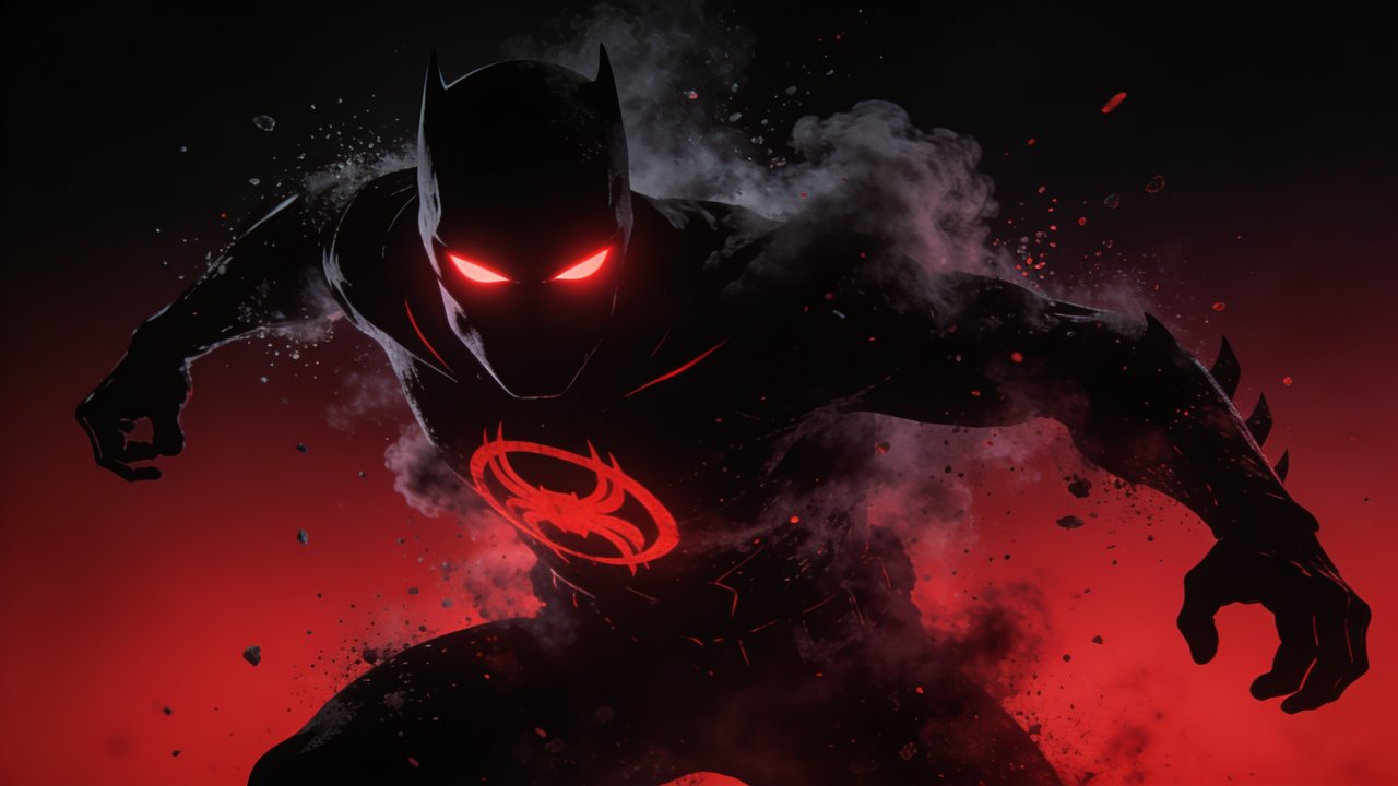 A shadowy figure with glowing red eyes and a stylized emblem on its chest emerges from swirling smoke against a fiery red background, creating an intense and dramatic atmosphere.