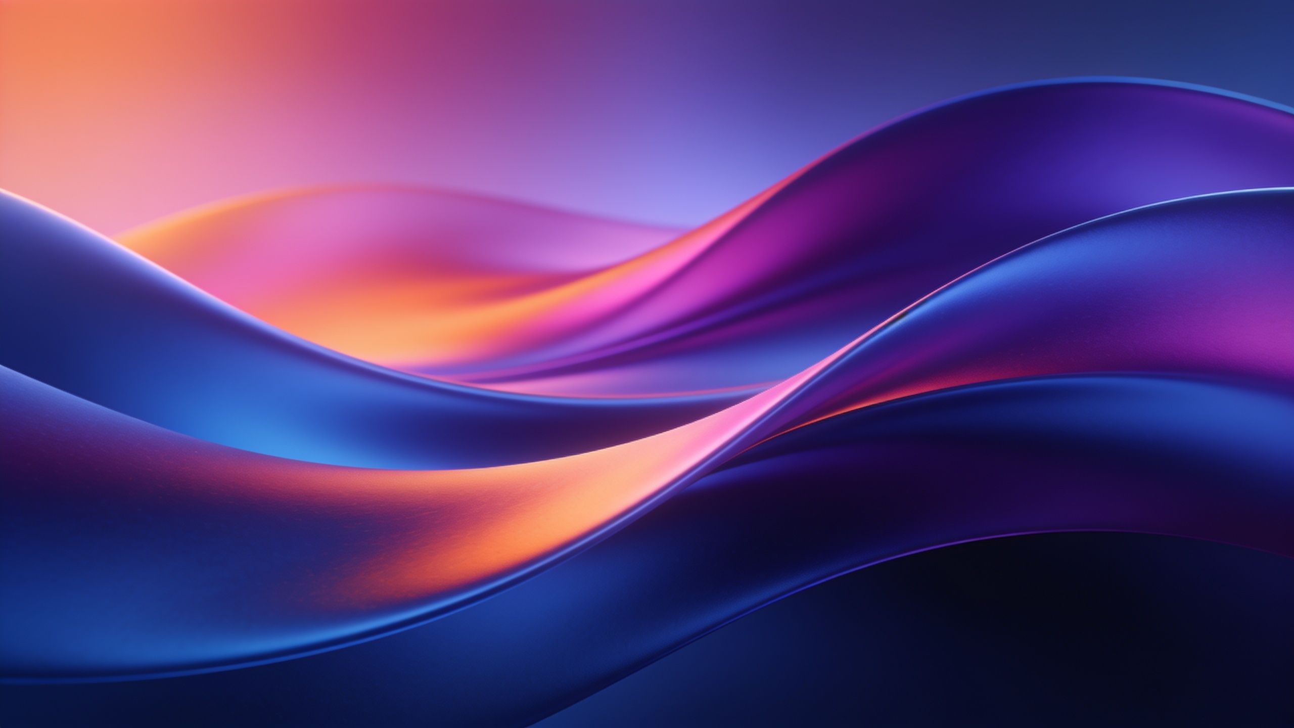 A dynamic abstract wallpaper featuring smooth, flowing waves in vibrant gradient hues of blue, purple, and orange, creating a sense of movement and energy. The blending colors evoke a serene yet lively atmosphere.