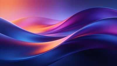 A dynamic abstract wallpaper featuring smooth, flowing waves in vibrant gradient hues of blue, purple, and orange, creating a sense of movement and energy. The blending colors evoke a serene yet lively atmosphere.