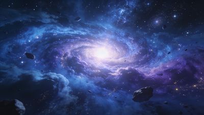 A luminous cosmic spiral swirls in deep space, surrounded by vibrant blue and purple nebulae and scattered asteroids, creating a mystical and awe-inspiring atmosphere.