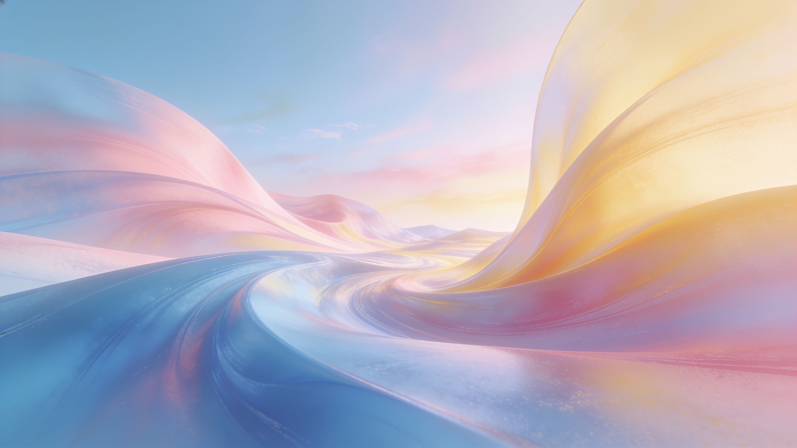 A serene landscape with flowing pastel colors in pink, blue, and yellow, creating a dreamy and ethereal atmosphere reminiscent of soft, undulating waves under a gentle sky.