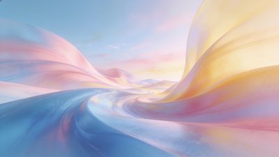 A serene landscape with flowing pastel colors in pink, blue, and yellow, creating a dreamy and ethereal atmosphere reminiscent of soft, undulating waves under a gentle sky.