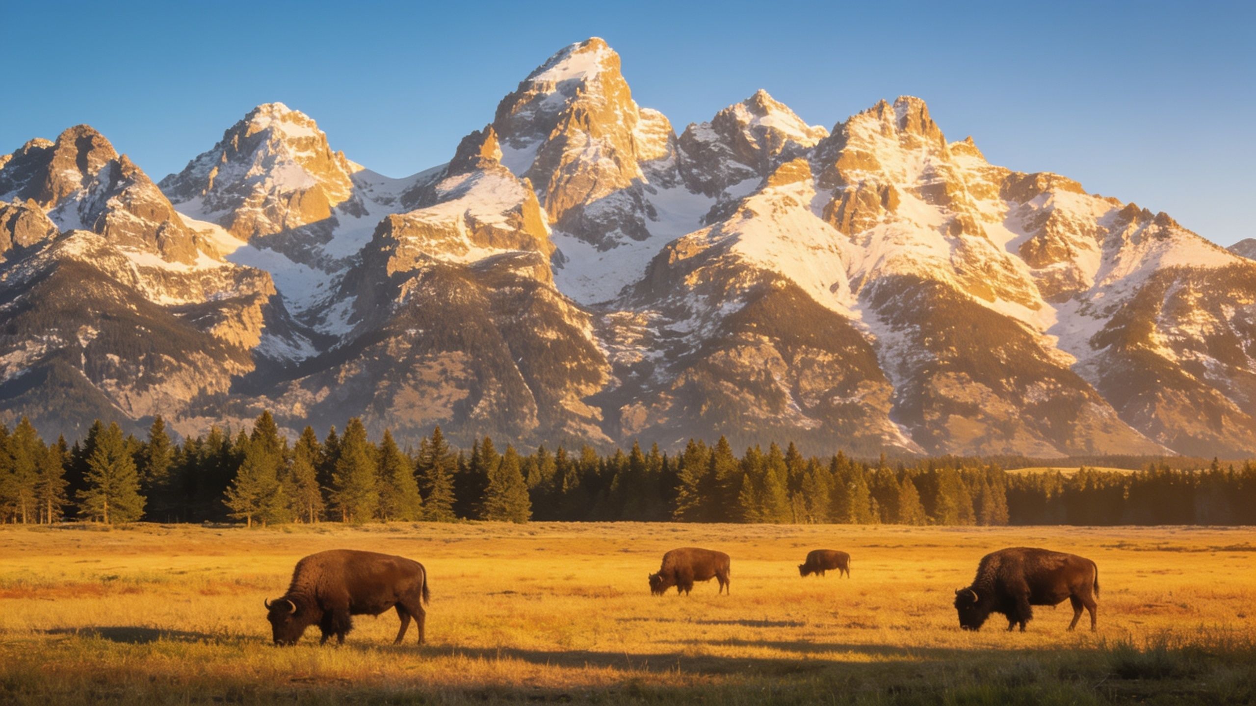 A group of bison graze peacefully in a sunlit valley, surrounded by towering, snow-capped mountains and a line of evergreen trees, creating a serene and majestic natural scene.