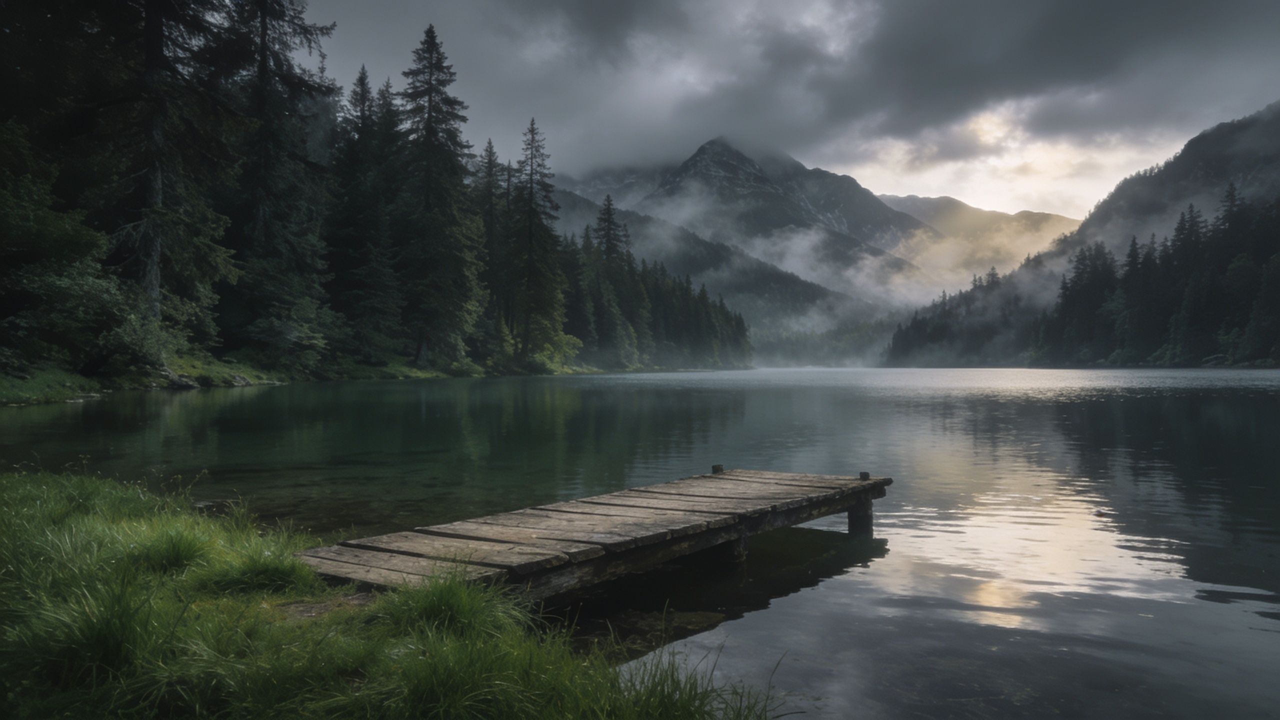A serene mountain lake is depicted at dawn, surrounded by dense pine forests and misty mountains, with soft light breaking through the clouds, creating a tranquil and peaceful atmosphere. A wooden dock extends into the calm water, enhancing the sense of solitude and reflection.