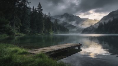 A serene mountain lake is depicted at dawn, surrounded by dense pine forests and misty mountains, with soft light breaking through the clouds, creating a tranquil and peaceful atmosphere. A wooden dock extends into the calm water, enhancing the sense of solitude and reflection.