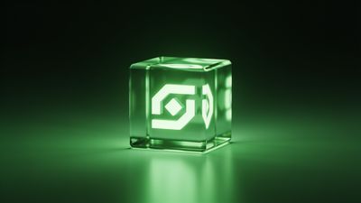 A glowing green cube with a geometric design floats on a dark background, casting a soft light that creates a futuristic and mysterious atmosphere.