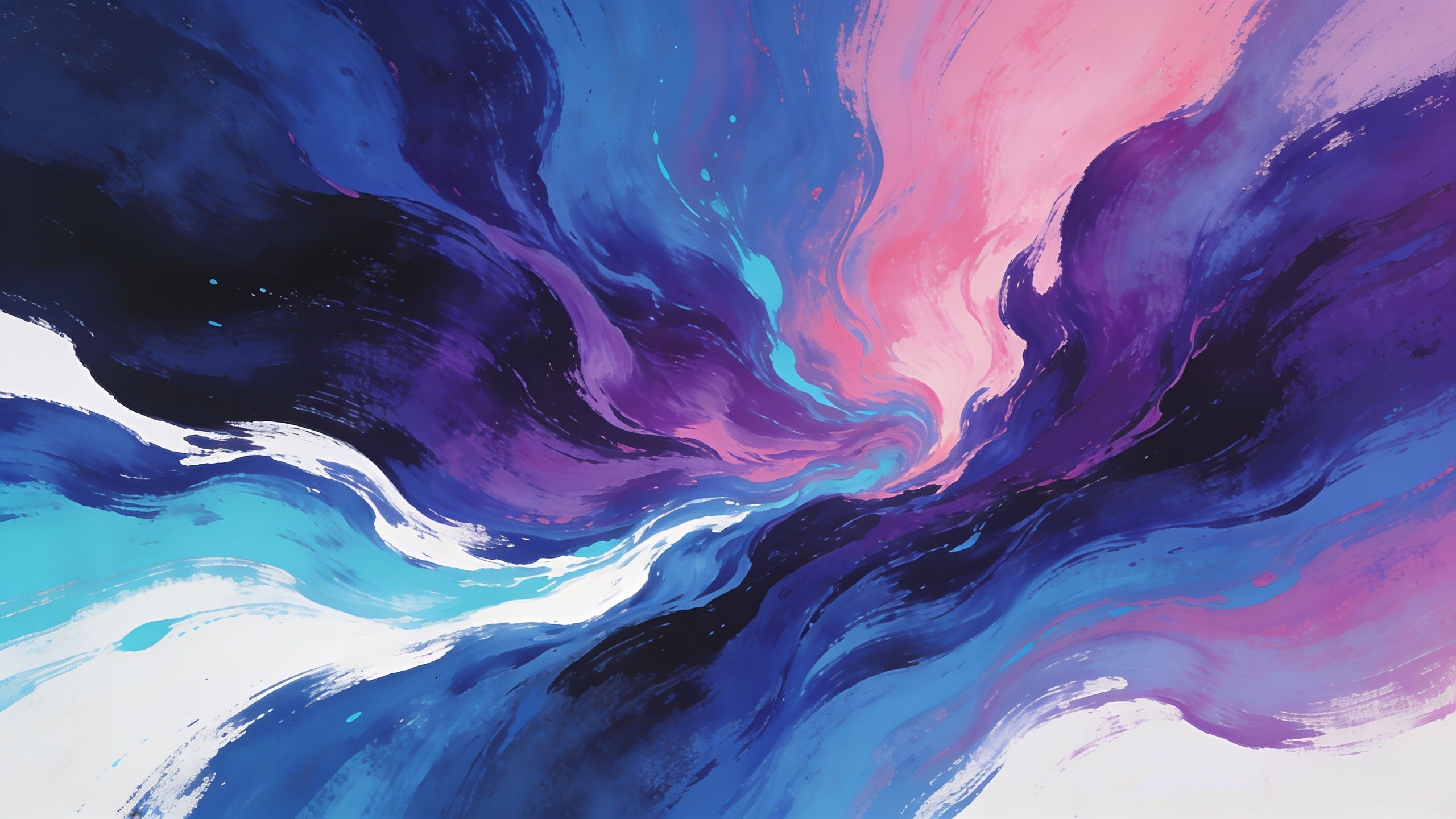 A dynamic abstract wallpaper featuring swirling waves of vibrant colors, including shades of blue, purple, pink, and white, creating a sense of motion and energy. The composition evokes a feeling of fluidity and artistic expression.