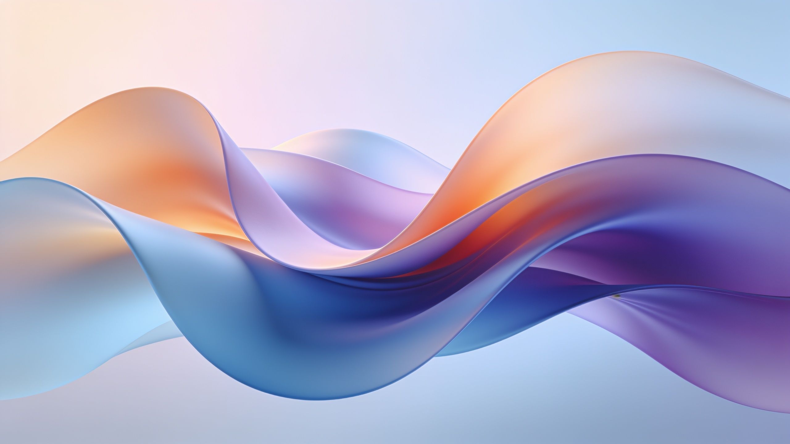A vibrant abstract wallpaper featuring smooth, flowing waves in shades of blue, purple, and orange, creating a dynamic and soothing visual effect. The soft gradients and fluid motion evoke a sense of calm and creativity.