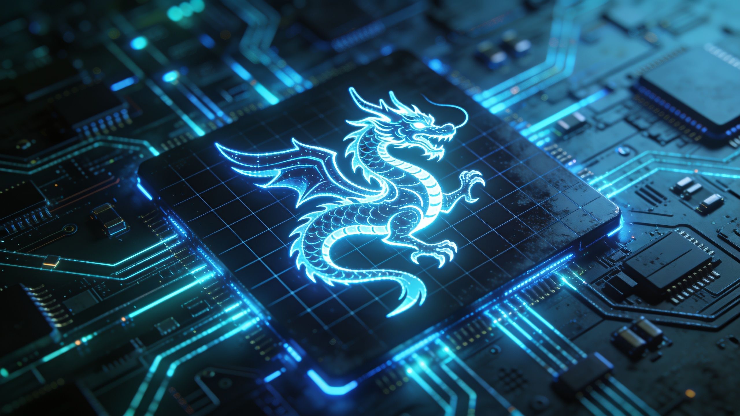 A glowing neon dragon design is intricately woven into a circuit board, creating a futuristic and high-tech atmosphere with vibrant blue and teal hues illuminating the scene. The dragon's sleek, digital form suggests a blend of mythology and advanced technology.