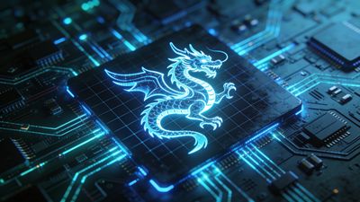 A glowing neon dragon design is intricately woven into a circuit board, creating a futuristic and high-tech atmosphere with vibrant blue and teal hues illuminating the scene. The dragon's sleek, digital form suggests a blend of mythology and advanced technology.