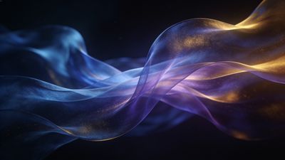 A mesmerizing display of translucent, flowing waves in shades of blue, purple, and gold, set against a dark background, creating a serene and dreamlike atmosphere.