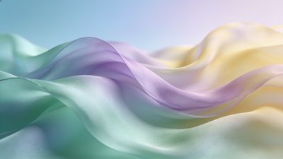 Soft, flowing waves of pastel-colored silk in shades of lavender, mint, and pale yellow create a serene and dreamy atmosphere, with a gentle blur enhancing the soothing mood.