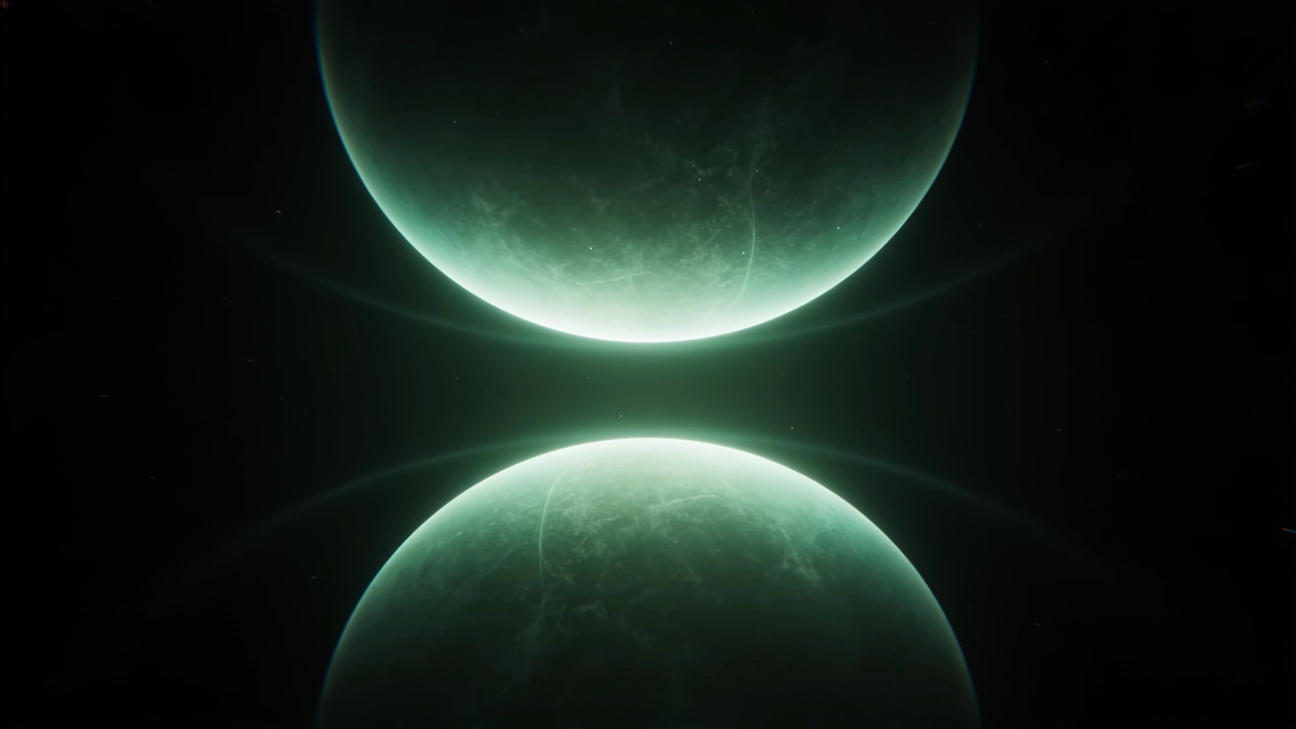 A serene cosmic scene depicts two glowing twin planets facing each other against a dark, star-speckled background, creating a mystical and harmonious atmosphere.
