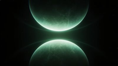 A serene cosmic scene depicts two glowing twin planets facing each other against a dark, star-speckled background, creating a mystical and harmonious atmosphere.