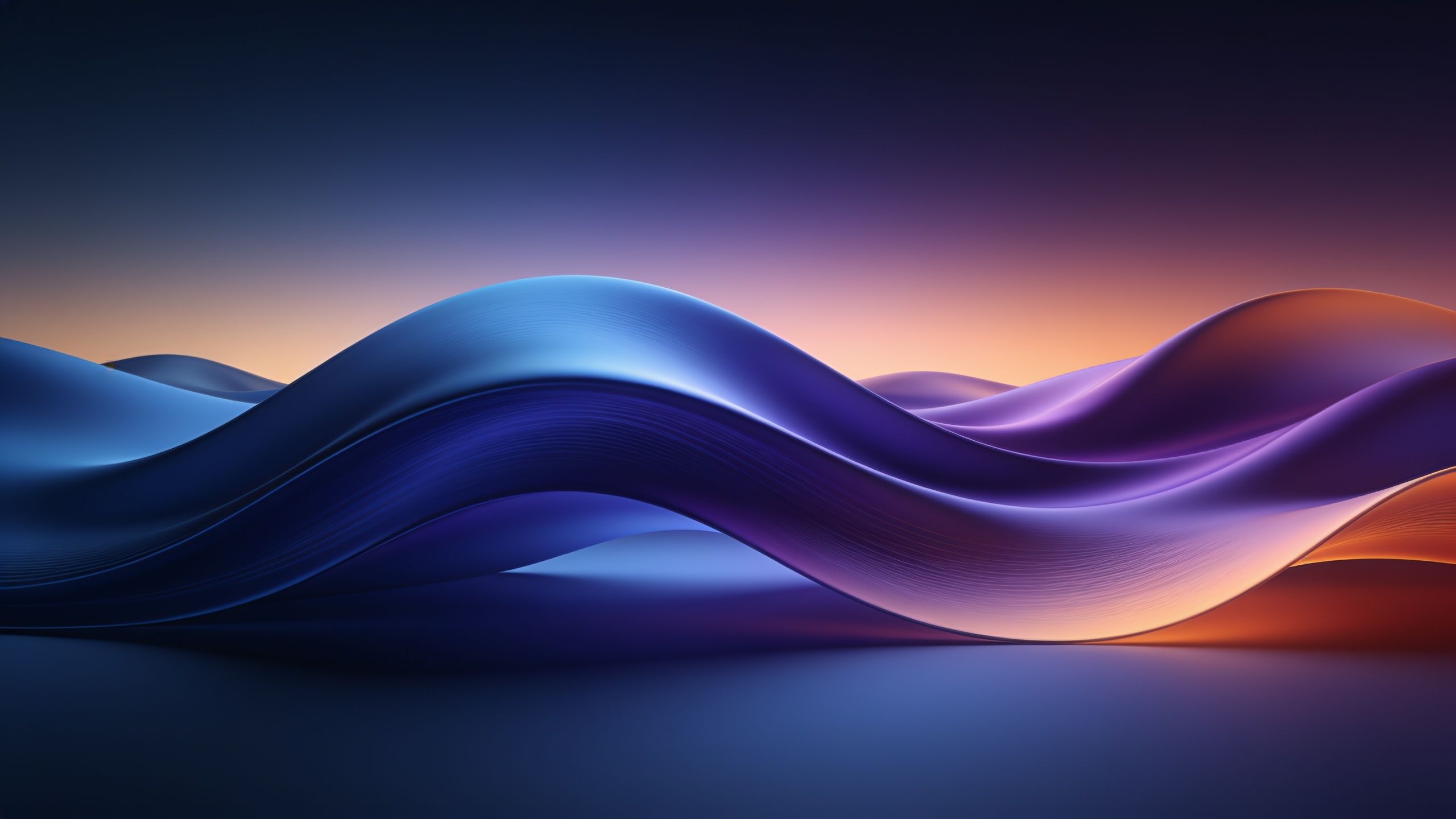 A vibrant abstract wallpaper featuring smooth, flowing waves in shades of blue, purple, and orange, set against a serene sunset gradient that transitions from deep blue to warm orange, evoking a calm and dreamy atmosphere.