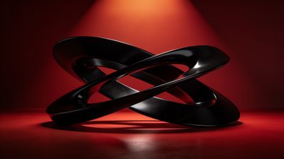 A sleek, abstract black sculpture with interlocking loops is set against a vibrant red background, creating a striking and modern contrast. The spotlight on the sculpture enhances its glossy surface, evoking a dramatic and elegant mood.