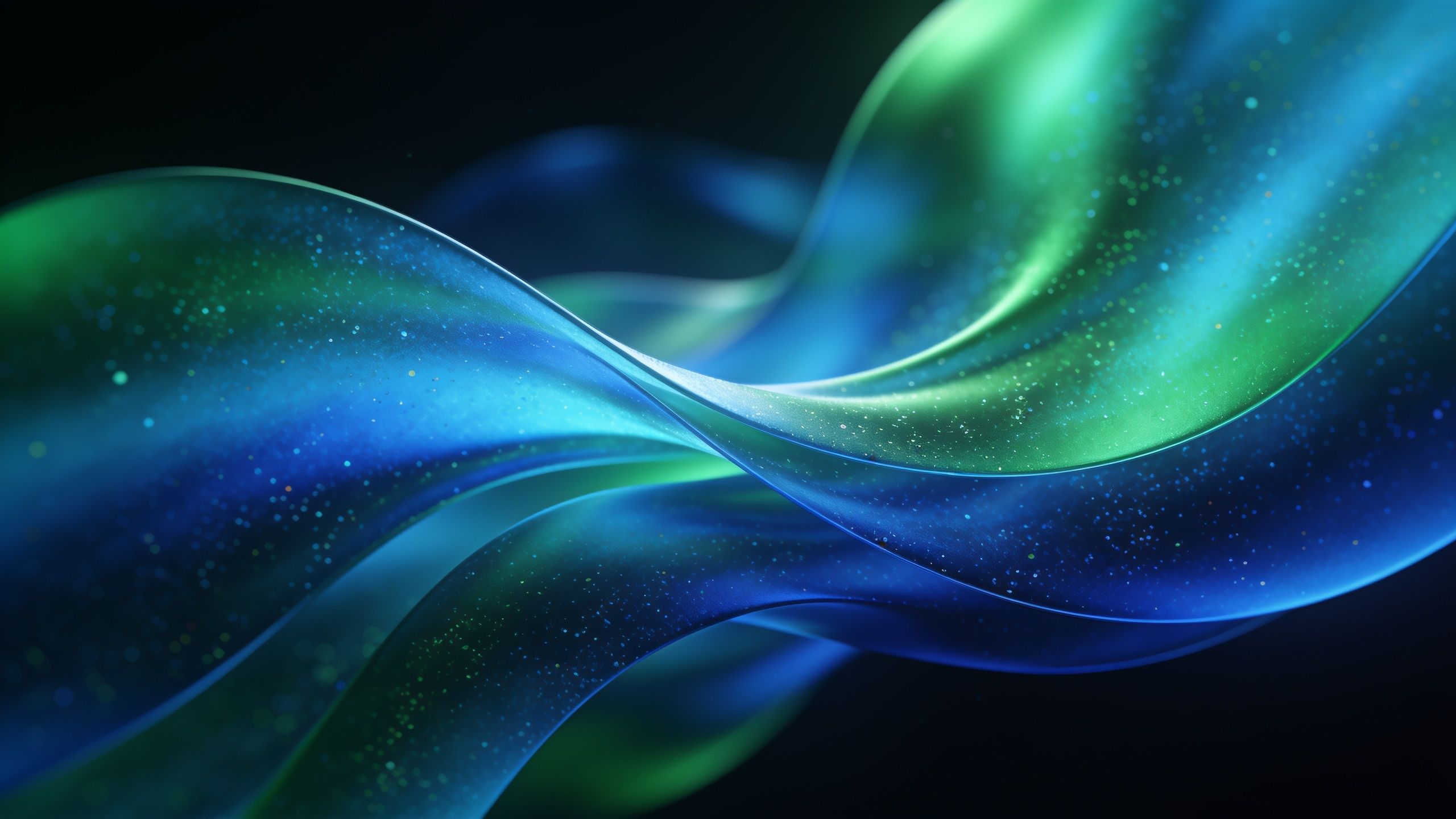 A dynamic abstract wallpaper featuring flowing waves of blue and green hues intertwined with specks of light, creating a serene and mesmerizing visual effect. The smooth, undulating forms evoke a sense of fluidity and tranquility against a dark background.
