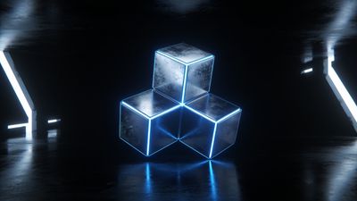 A cluster of metallic cubes with glowing neon blue edges is suspended in a dark, reflective space, creating a futuristic and immersive atmosphere.
