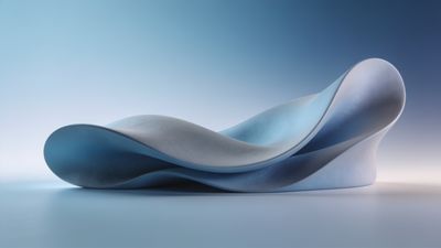 A smooth, abstract wave sculpture in shades of blue gracefully curves against a gradient blue background, evoking a serene and elegant mood.