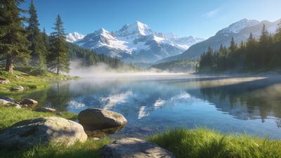 A serene mountain lake reflects the surrounding snow-capped peaks and dense pine forests, with a gentle mist hovering over the water, creating a peaceful and tranquil atmosphere.