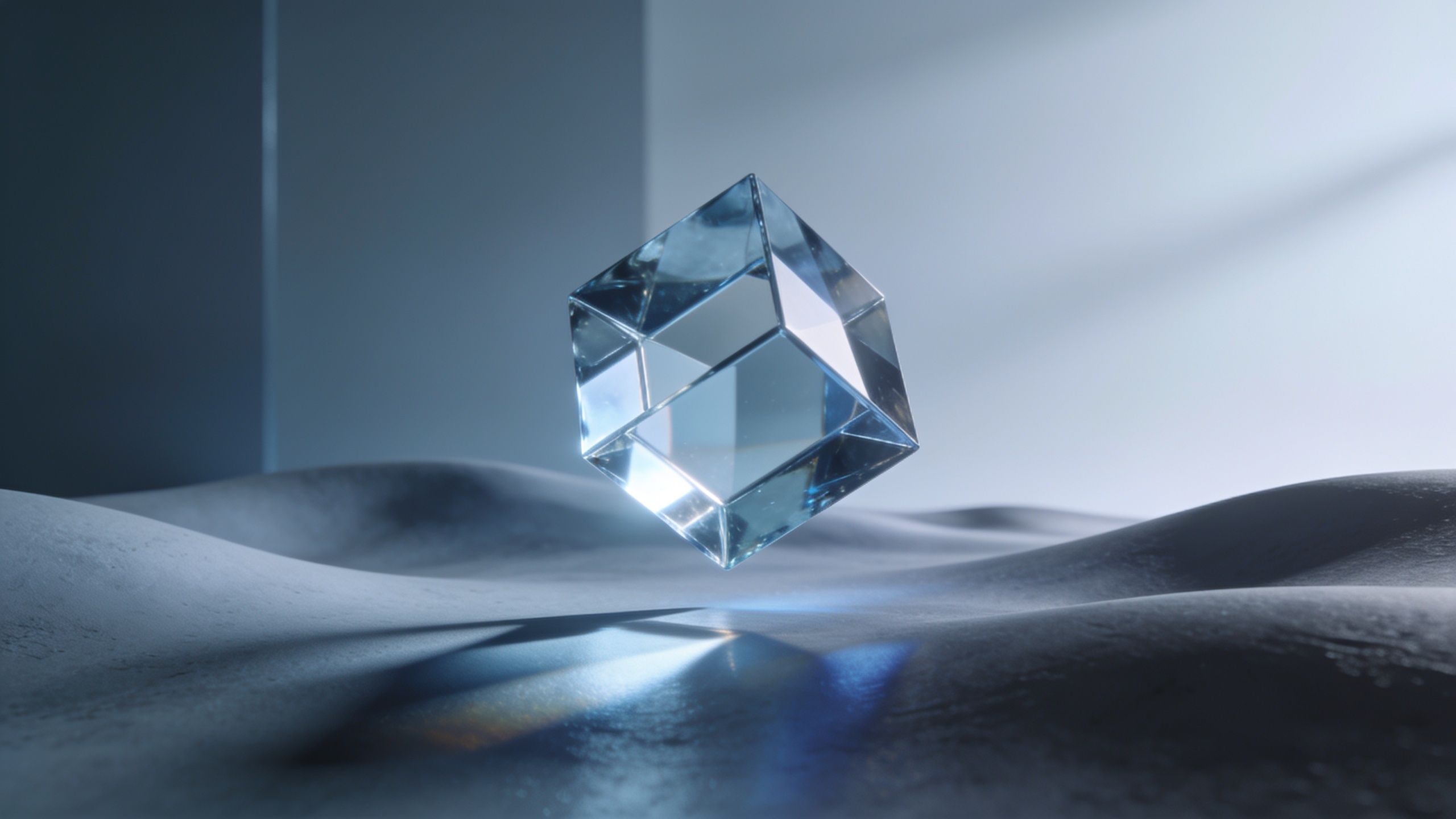 A transparent crystal cube hovers above gentle, undulating waves, casting soft reflections and creating a tranquil and ethereal atmosphere.
