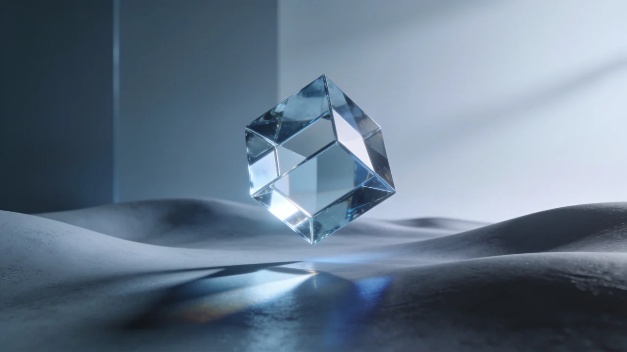 A transparent crystal cube hovers above gentle, undulating waves, casting soft reflections and creating a tranquil and ethereal atmosphere.