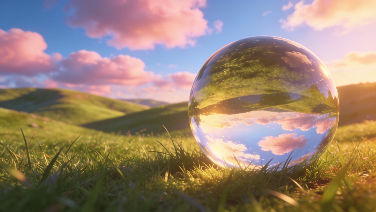 A crystal ball rests on a lush green meadow, reflecting a serene landscape with rolling hills and a sky filled with soft pink clouds, creating a tranquil and dreamy atmosphere.