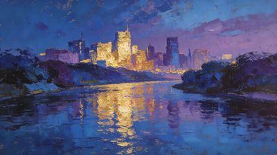 A vibrant cityscape is depicted at dusk, with glowing golden lights from skyscrapers reflecting on a calm river, surrounded by dark silhouettes of trees, creating a serene and enchanting atmosphere.