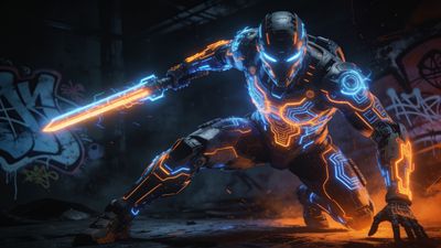 A futuristic cyber warrior is depicted in a dramatic pose, clad in a sleek, armored suit with vibrant neon blue and orange lights, set against a gritty urban backdrop with graffiti, creating a dynamic and intense atmosphere.