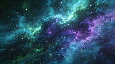 A vibrant cosmic nebula swirls with rich hues of purple, blue, and green, dotted with sparkling stars, creating a mystical and awe-inspiring celestial scene.