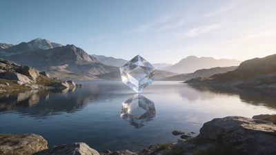 A transparent crystal cube hovers over a tranquil mountain lake, reflecting the surrounding rugged peaks and clear blue sky, creating a serene and mystical atmosphere.