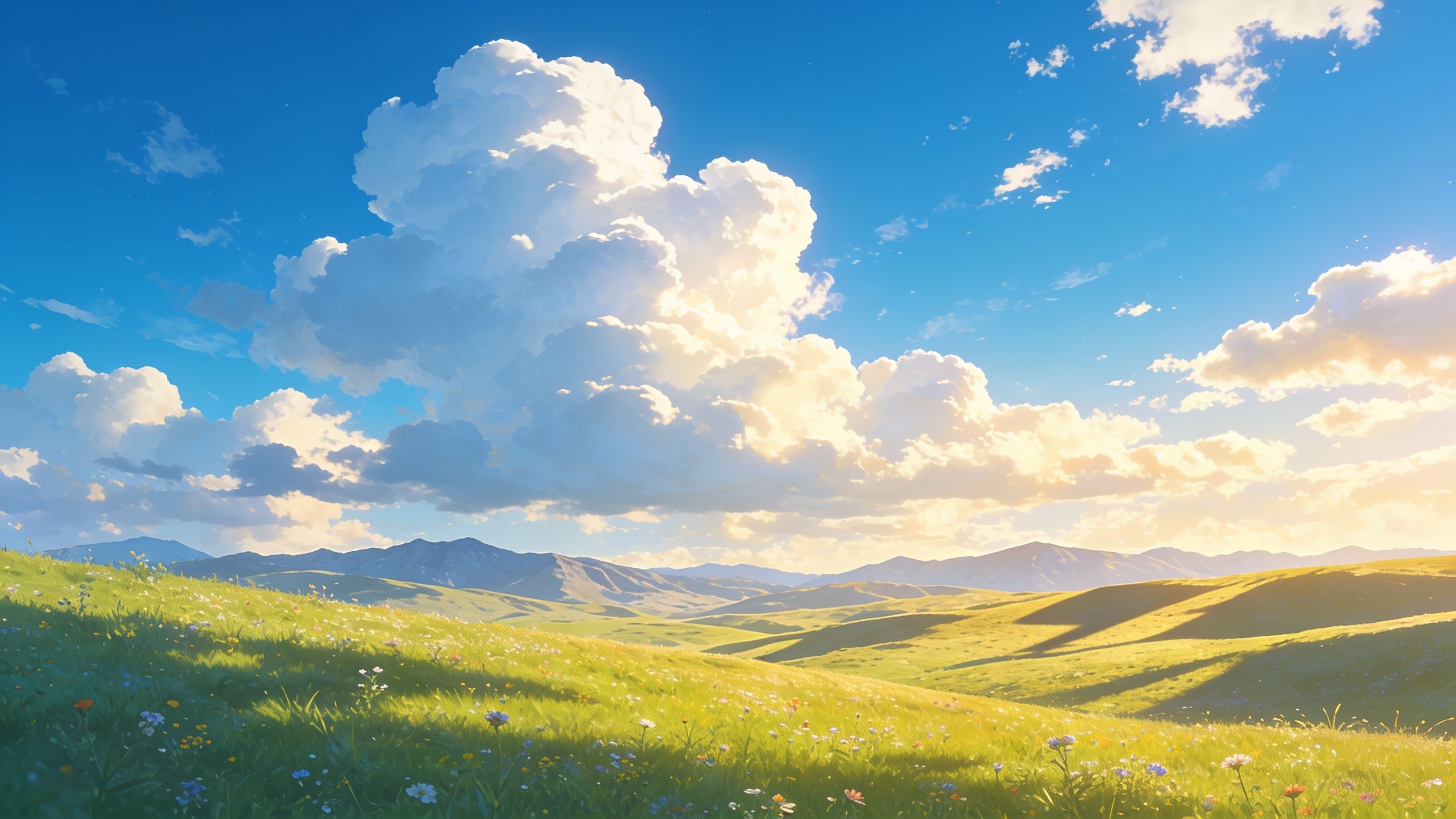 A tranquil meadow stretches under a vast sky filled with fluffy white clouds, casting soft shadows over the rolling green hills and scattered wildflowers, creating a serene and peaceful atmosphere.