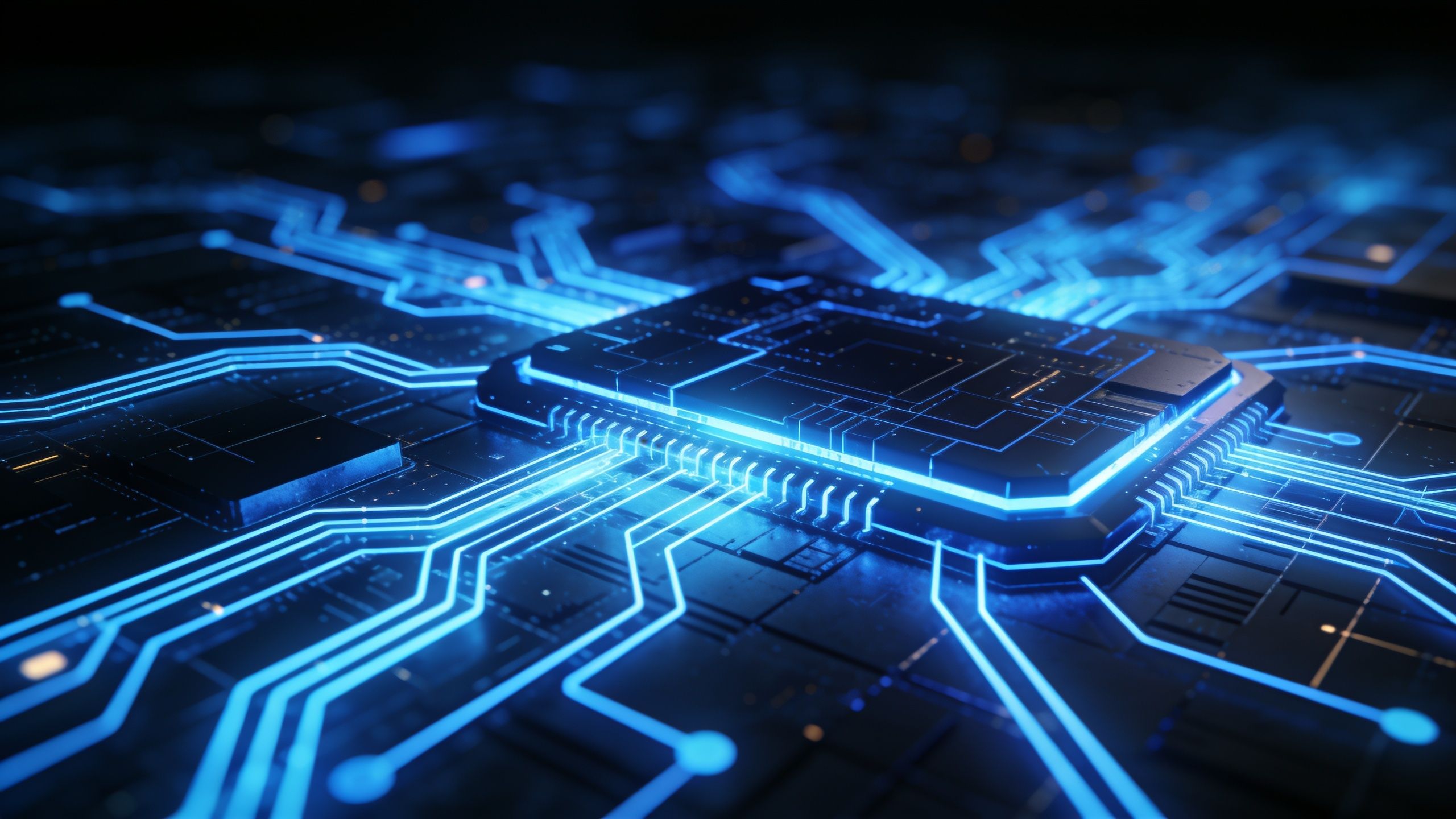 A futuristic circuit board is depicted with intricate patterns and pathways, illuminated by a vibrant neon blue glow, creating a high-tech and dynamic atmosphere.
