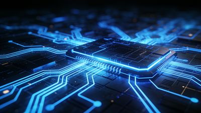 A futuristic circuit board is depicted with intricate patterns and pathways, illuminated by a vibrant neon blue glow, creating a high-tech and dynamic atmosphere.