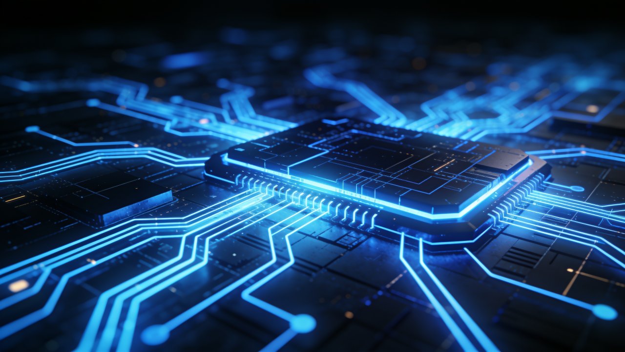A futuristic circuit board is depicted with intricate patterns and pathways, illuminated by a vibrant neon blue glow, creating a high-tech and dynamic atmosphere.