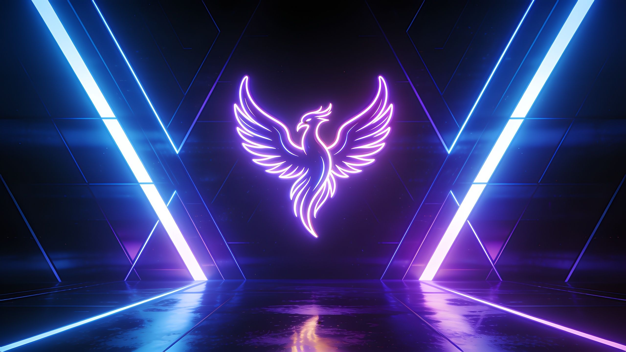 A glowing neon phoenix is depicted in vibrant purple and blue hues, set against a futuristic, geometric backdrop with reflective surfaces and diagonal light beams, creating an energetic and otherworldly atmosphere.