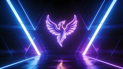 A glowing neon phoenix is depicted in vibrant purple and blue hues, set against a futuristic, geometric backdrop with reflective surfaces and diagonal light beams, creating an energetic and otherworldly atmosphere.
