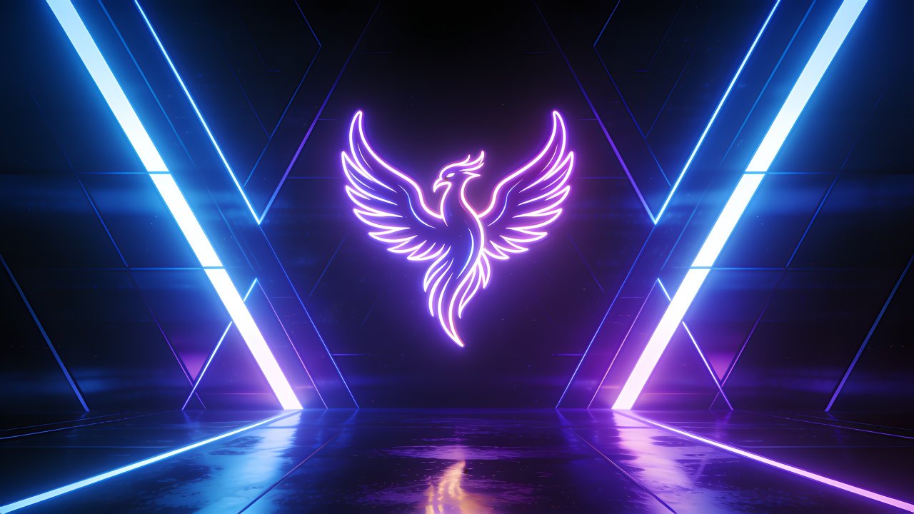 A glowing neon phoenix is depicted in vibrant purple and blue hues, set against a futuristic, geometric backdrop with reflective surfaces and diagonal light beams, creating an energetic and otherworldly atmosphere.