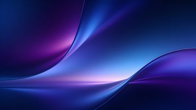 Abstract waves in shades of blue and purple flow smoothly across the image, creating a serene and elegant atmosphere with a soft gradient that suggests depth and movement.